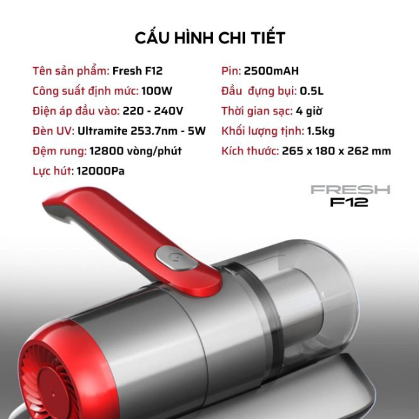 Máy hút bụi giường đệm UNIQ FRESH F12 – UV 5W, 12.000Pa, không dây
